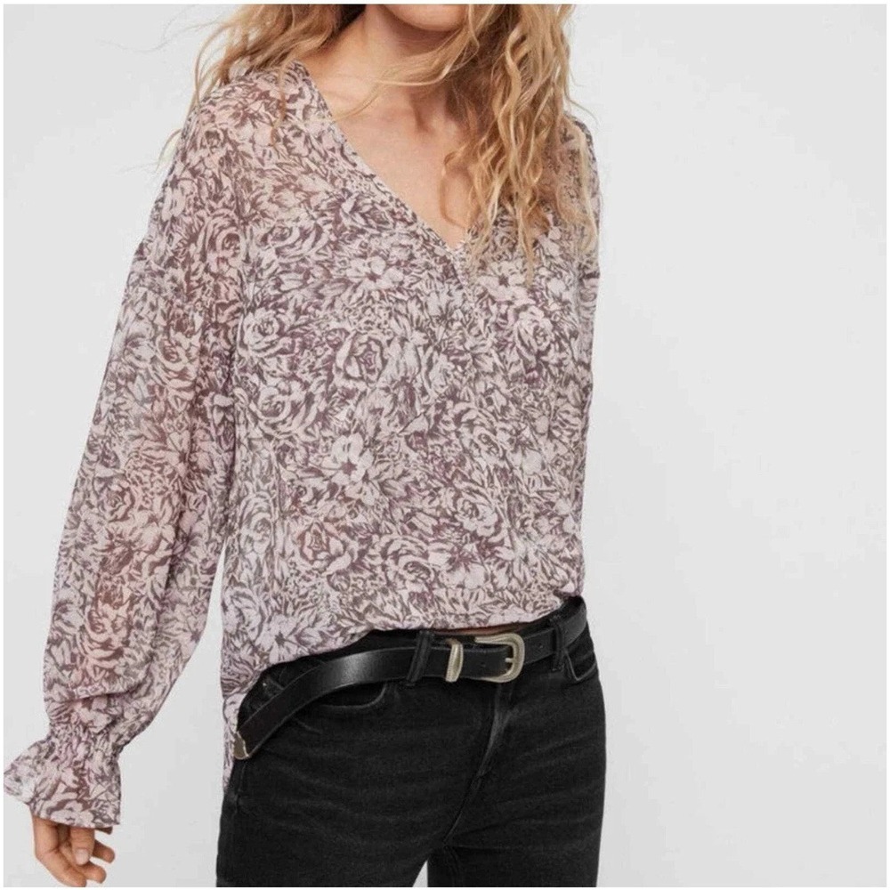 All Saints Penny Rosey Dusty Pink Boho Faux Wrap Long Sleeve Floral Blouse Med M - Picture 7 of 8